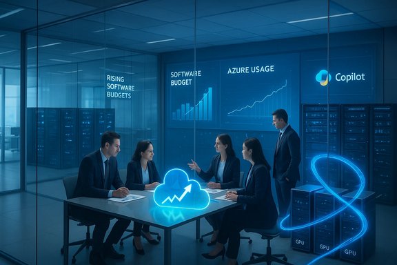 Team in a glass-walled conference room reviews cloud growth and Azure usage.