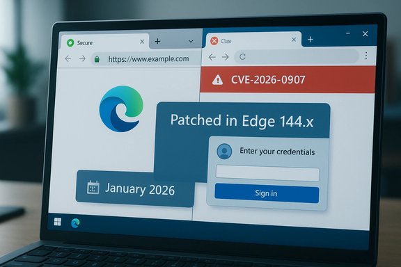 Laptop screen shows Edge with a “Patched in Edge 144.x” banner, a CVE-2026-0907 alert, and a login form.