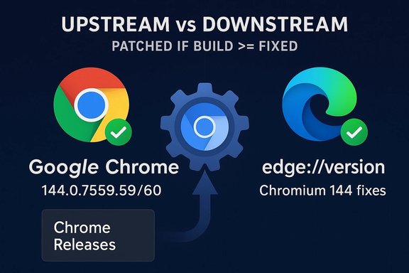 Infographic comparing upstream Chrome with downstream Edge build patches and fixes. Infographic comparing upstream Chrome with downstream Edge build patches and fixes.