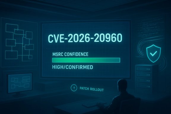 Cybersecurity analyst monitors CVE-2026-20960 with MSRC confidence as patch rollout proceeds.