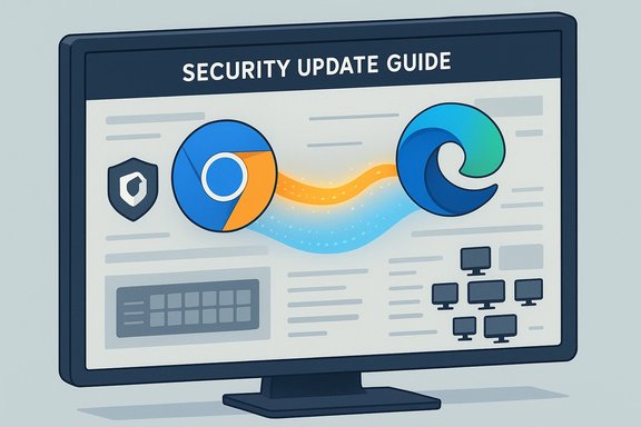A computer monitor displays a security update guide featuring Chrome and Edge logos.