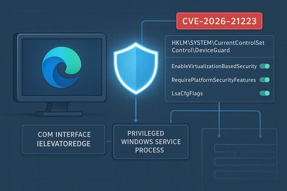 Cybersecurity flowchart highlighting CVE-2026-21223 with security toggles and a shield icon.