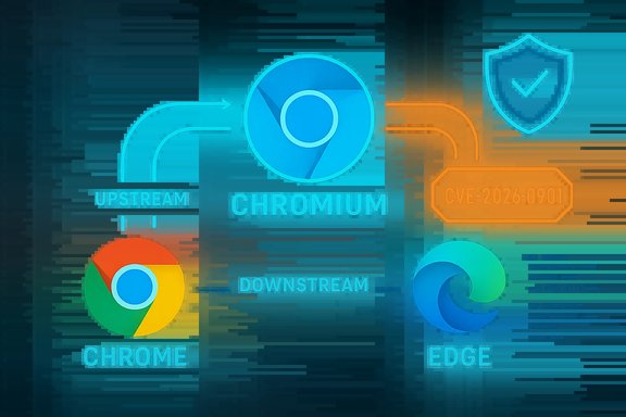 Neon infographic showing Chromium and Chrome logos with upstream–downstream flow and a CVE tag.