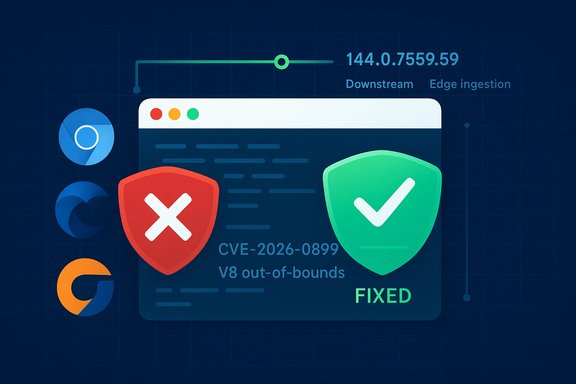 Graphic of a fixed browser vulnerability CVE-2026-0899 (V8 OOB) with shields and a green check. Graphic of a fixed browser vulnerability CVE-2026-0899 (V8 OOB) with shields and a green check.