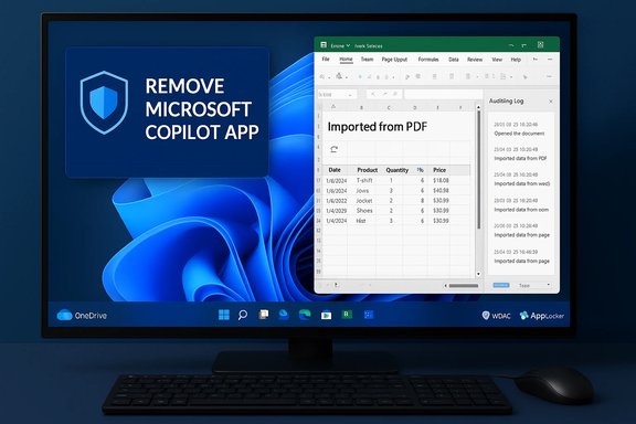 Monitor shows a banner 'REMOVE MICROSOFT COPILOT APP' next to an Excel sheet.