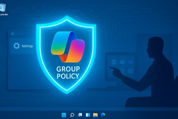 A glowing shield with the “GROUP POLICY” logo on a blue circuitry-style backdrop.
