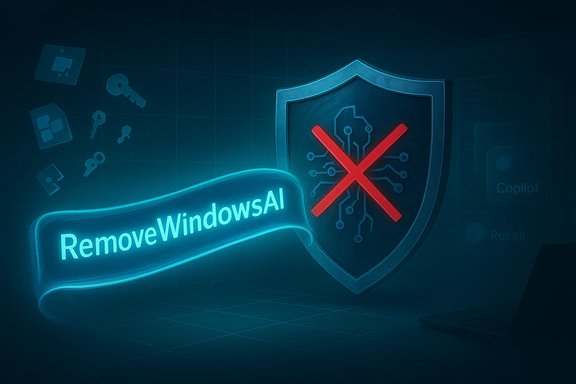 A neon shield with a red X over circuit traces, beside a glowing 'RemoveWindowsAI' ribbon.