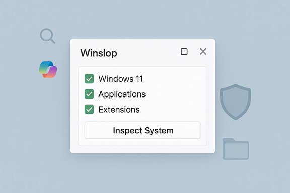 Winslop dialog showing checked items: Windows 11, Applications, Extensions, with an Inspect System button.