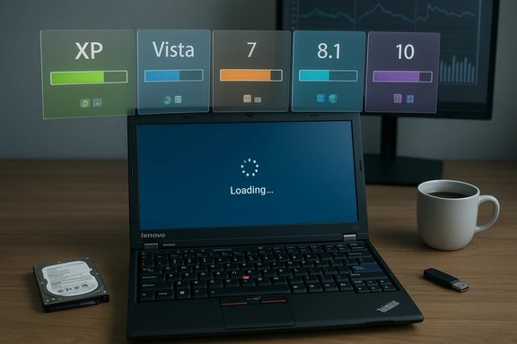 A Lenovo laptop on a desk displays a Loading screen with floating OS tiles labeled XP to 10. A Lenovo laptop on a desk displays a Loading screen with floating OS tiles labeled XP to 10.