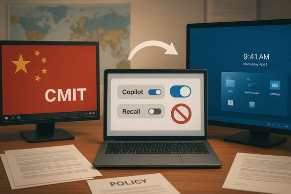 Triple-monitor desk setup: China flag on the left, laptop with Copilot toggles in the center, blue time display on the right.