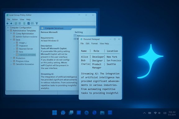 Blue-tinted Windows desktop with overlapping policy editor and Notepad windows, and a glowing blue star on the right.