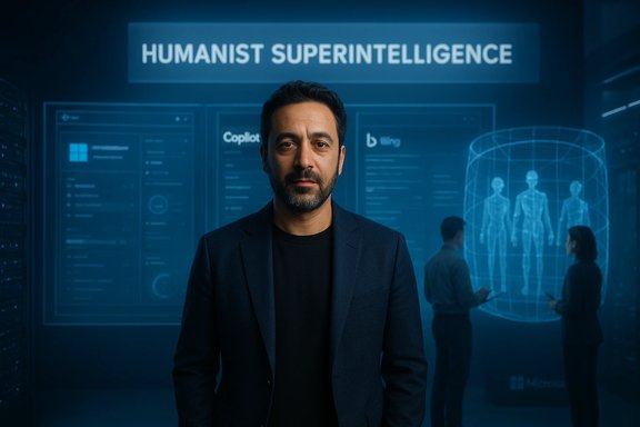 A man in a dark blazer stands in a futuristic lab beneath the Humanist Superintelligence banner.