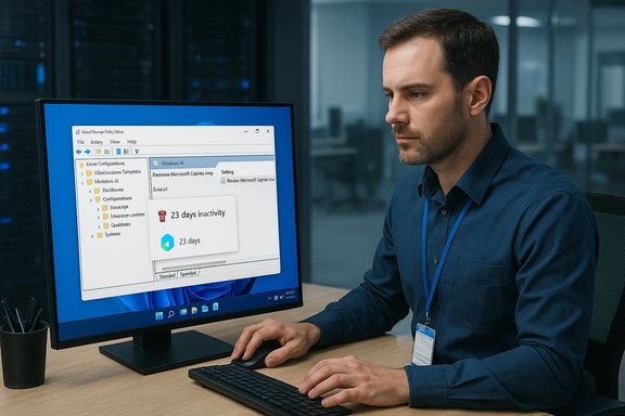IT professional at a desk monitors a Windows alert about 23 days inactivity in a data center.