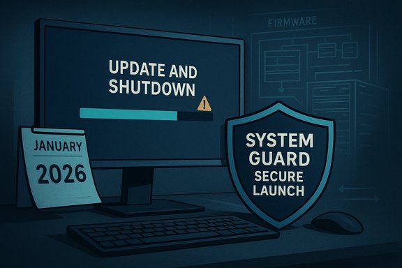 Computer monitor displays Update and Shutdown progress with a System Guard shield.