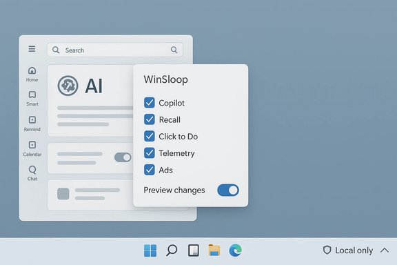Windows-like UI with an AI panel and a WinSloop checklist overlay on a blue background.