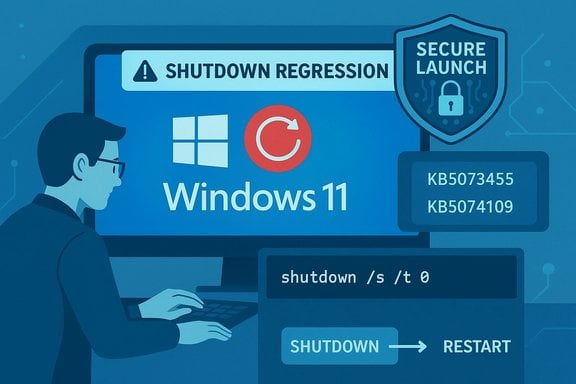 Windows 11 shutdown regression alert with a secure-launch shield and reboot commands.