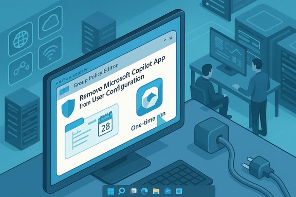 Stylized IT office scene with a monitor showing a policy editor to remove the Microsoft Copilot App.