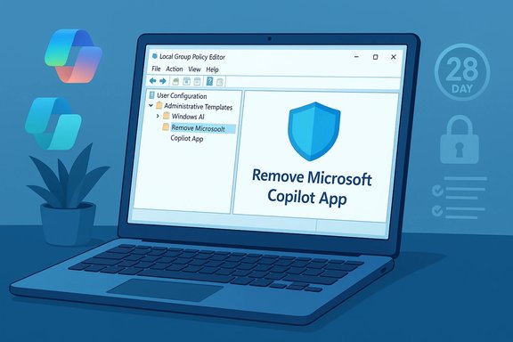 Laptop screen shows a policy editor with the option to remove the Microsoft Copilot app. Laptop screen shows a policy editor with the option to remove the Microsoft Copilot app.