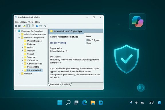 Windows Local Group Policy Editor showing policy to remove the Microsoft Copilot app. Windows Local Group Policy Editor showing policy to remove the Microsoft Copilot app.