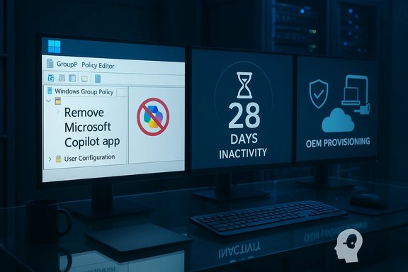 Three-monitor setup showing Windows Group Policy to remove Copilot, a 28-days inactivity timer, and OEM provisioning. Three-monitor setup showing Windows Group Policy to remove Copilot, a 28-days inactivity timer, and OEM provisioning.