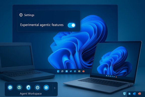 Blue Windows 11 setup featuring a Settings panel for experimental agentic features and laptops.