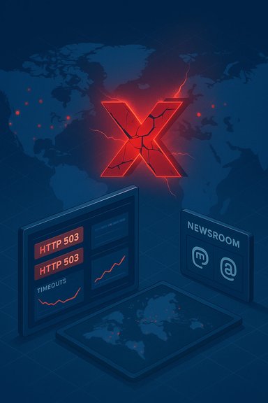 A global cyberattack scene with a cracked, glowing X over a world map and dashboards showing HTTP 503.