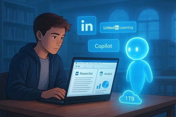 Student uses LinkedIn Learning and Copilot on a laptop, guided by a glowing holographic AI assistant.