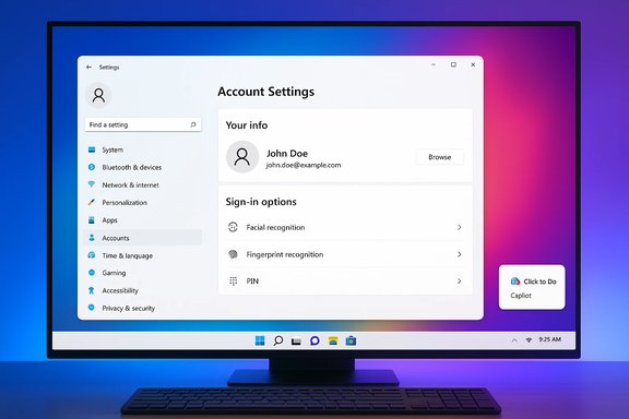 A desktop monitor shows Windows-style Account Settings with user info and sign-in options.