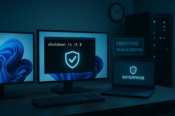 Blue-tinted tech setup with multiple screens; center monitor shows “shutdown /s /t 0” and a shield icon.