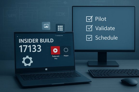 Tech setup with Insider Build 17133 on a laptop and a monitor showing Pilot, Validate, Schedule.