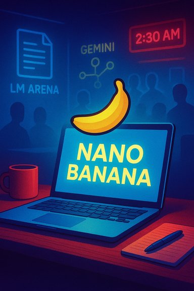 A laptop on a desk displays “NANO BANANA” with a banana icon in a neon, futuristic office setting.