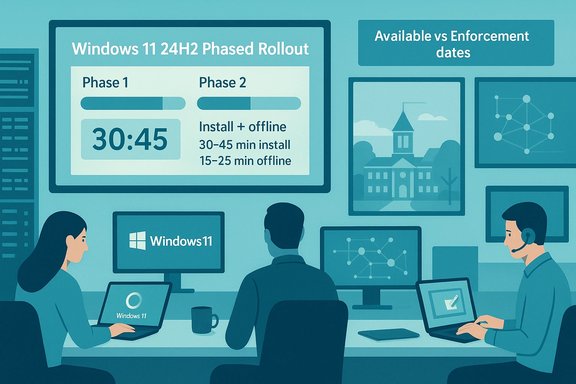 Tech operations center displaying Windows 11 24H2 phased rollout plan with staff at computers.