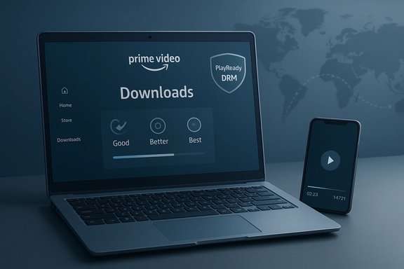 A laptop screen shows Prime Video Downloads with a DRM badge, beside a smartphone. A laptop screen shows Prime Video Downloads with a DRM badge, beside a smartphone.