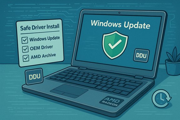 A laptop shows Windows Update with a Safe Driver Install checklist and DDU badges.