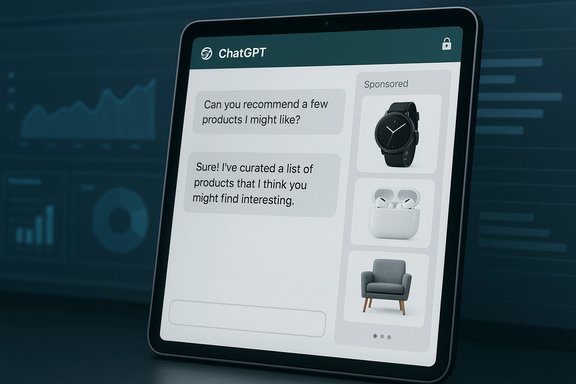 Tablet shows a ChatGPT chat with product recommendations and a right-side sponsored listing (watch, earbuds, chair). Tablet shows a ChatGPT chat with product recommendations and a right-side sponsored listing (watch, earbuds, chair).