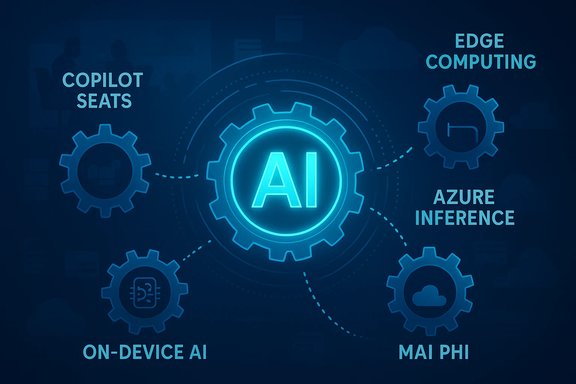 Neon blue AI hub connects Copilot Seats, Edge Computing, Azure Inference, On-Device AI, and Mai Phi. Neon blue AI hub connects Copilot Seats, Edge Computing, Azure Inference, On-Device AI, and Mai Phi.