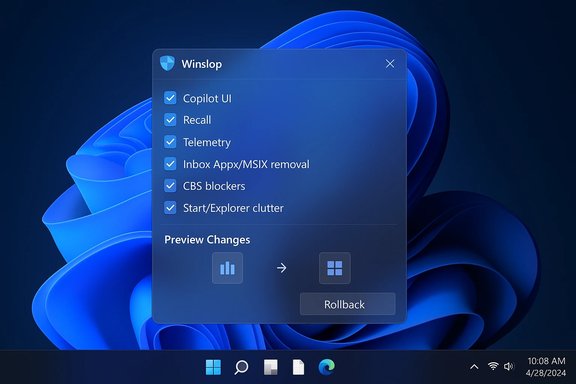 A Windows-style settings panel showing toggle options and a Rollback button.