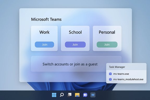 Microsoft Teams UI with three join cards (Work, School, Personal) and a Task Manager panel.