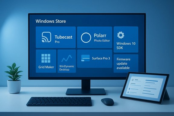 Windows Store tiles displayed on a desktop monitor with a tablet, keyboard, and mouse on the desk.