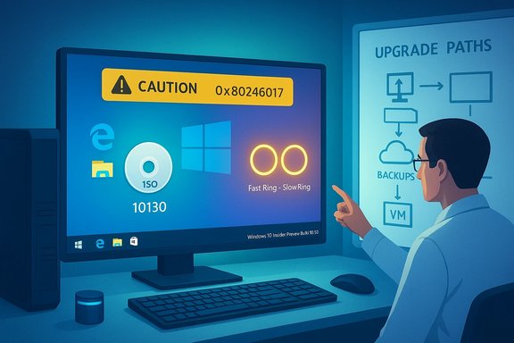 A technician sits at a computer showing a caution banner and an upgrade-path diagram on the wall.
