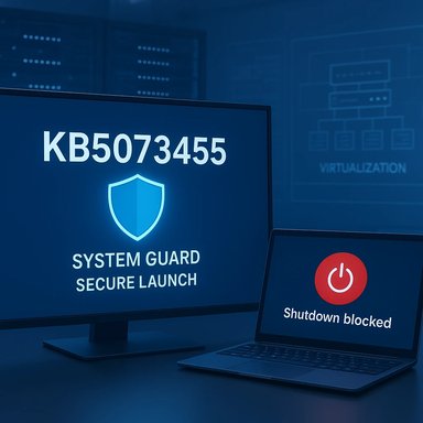 Security dashboard shows KB5073455 with System Guard Secure Launch, while the laptop shows 'Shutdown blocked'.