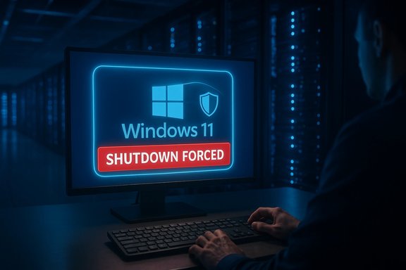 Windows 11 screen shows a 'Shutdown Forced' banner in a blue-lit server room.
