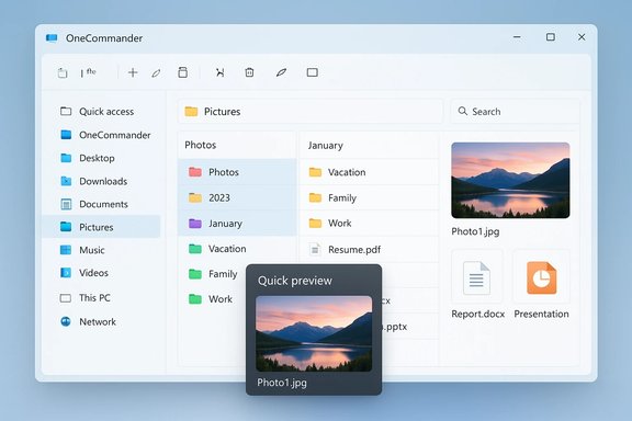 OneCommander file explorer showing a Pictures folder with a quick preview of Photo1.jpg. OneCommander file explorer showing a Pictures folder with a quick preview of Photo1.jpg.