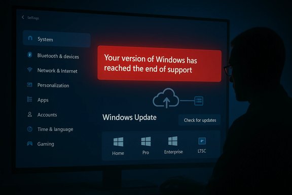 Windows Settings screen with a red banner stating 'Your version of Windows has reached the end of support'.