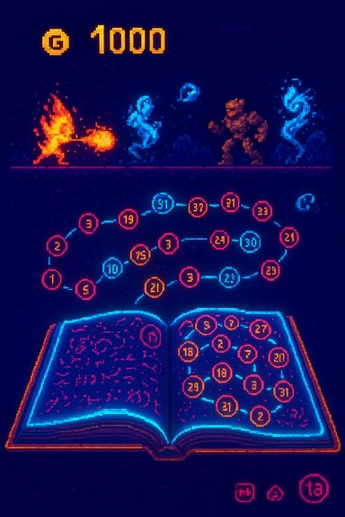 Neon retro game screenshot with a fiery figure, blue spirits, a golem, above a glowing open book of numbered nodes.