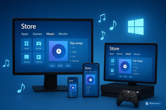 Music-focused Windows Store UI shown across a monitor, tablet, phone, and Xbox.