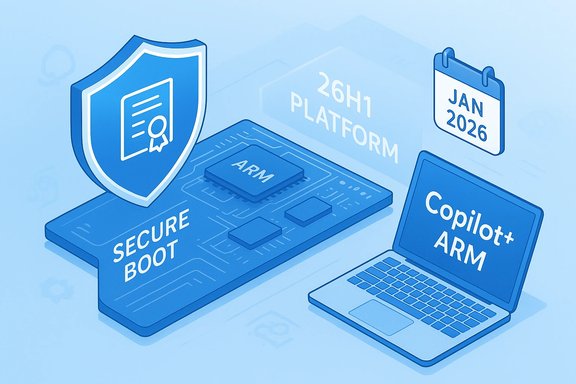 Blue isometric illustration of ARM chip with Secure Boot, Copilot ARM, and 26H1 platform.