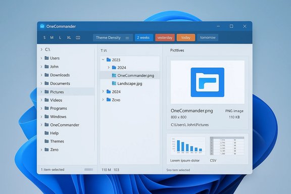 OneCommander file manager window over a Windows desktop, showing folders and a preview pane.