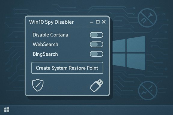 Win10 Spy Disabler window with toggles to disable Cortana, WebSearch, and BingSearch.