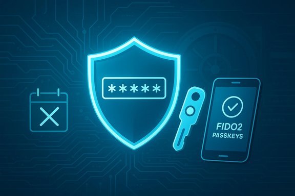 Neon cybersecurity illustration with a shield, password field, a key, and passkeys on a smartphone.